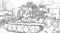 Perokresba Bělohraďáků sedících a stojících na tanku T-34 před budovou Záložny na náměstí K. V. Raise v Lázních Bělohradě