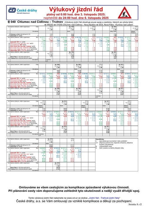 Výlukový jízdní řád - Ostroměř - Stará Paka