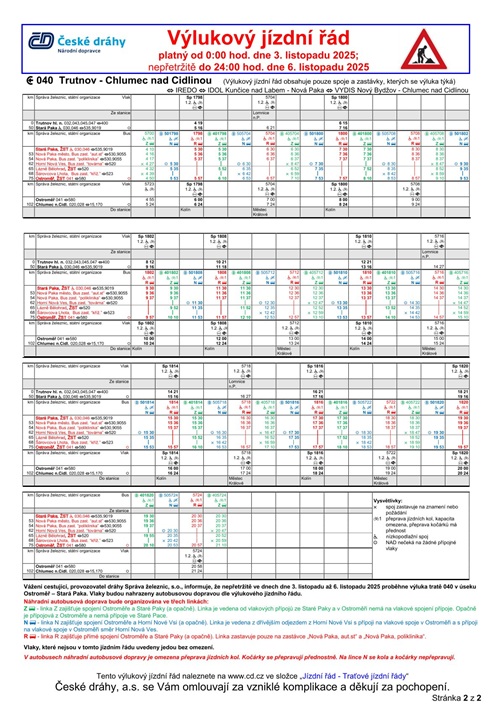Výlukový jízdní řád - Stará Paka - Ostroměř